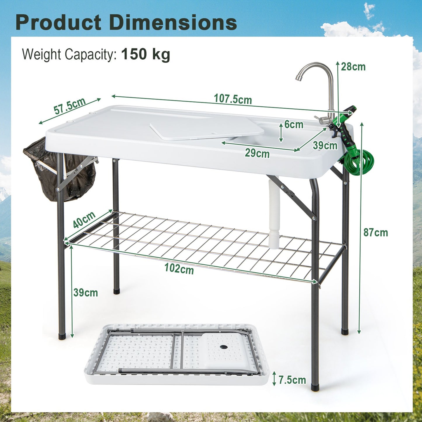 108CM Portable Camping Sink Table with Grid Rack