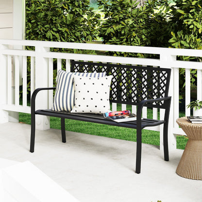 2-Person Metal Garden Bench with Slatted Seat and Backrest-Black