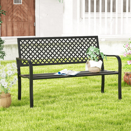 2-Person Metal Garden Bench with Slatted Seat and Backrest-Black