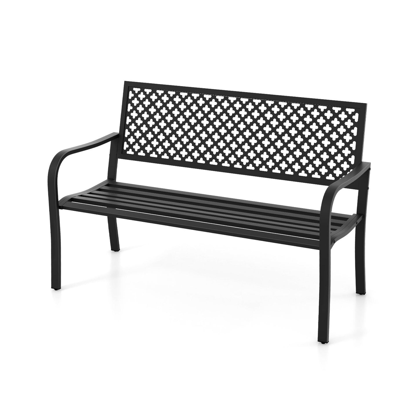 2-Person Metal Garden Bench with Slatted Seat and Backrest-Black