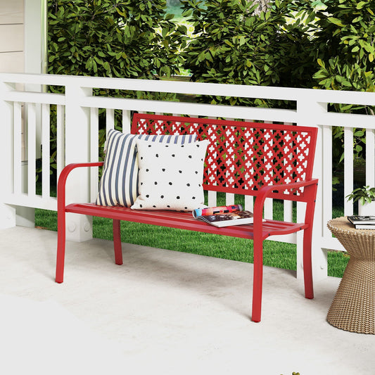 2-Person Metal Garden Bench with Slatted Seat and Backrest-Red