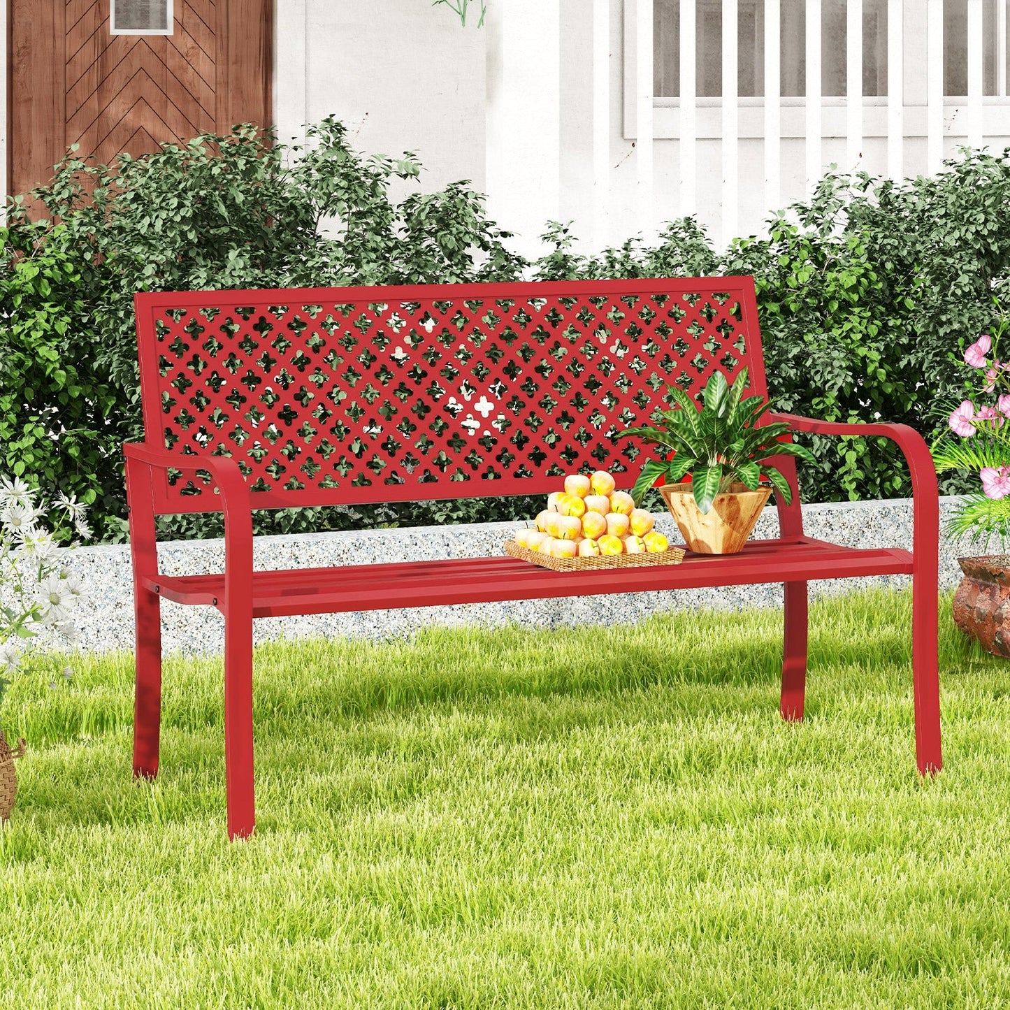 2-Person Metal Garden Bench with Slatted Seat and Backrest-Red