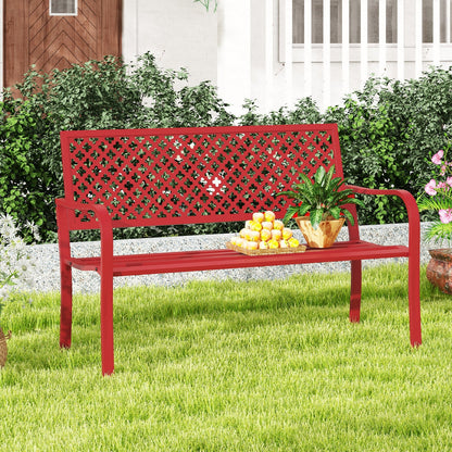 2-Person Metal Garden Bench with Slatted Seat and Backrest-Red