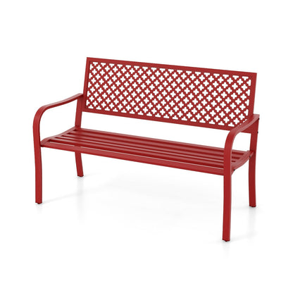 2-Person Metal Garden Bench with Slatted Seat and Backrest-Red