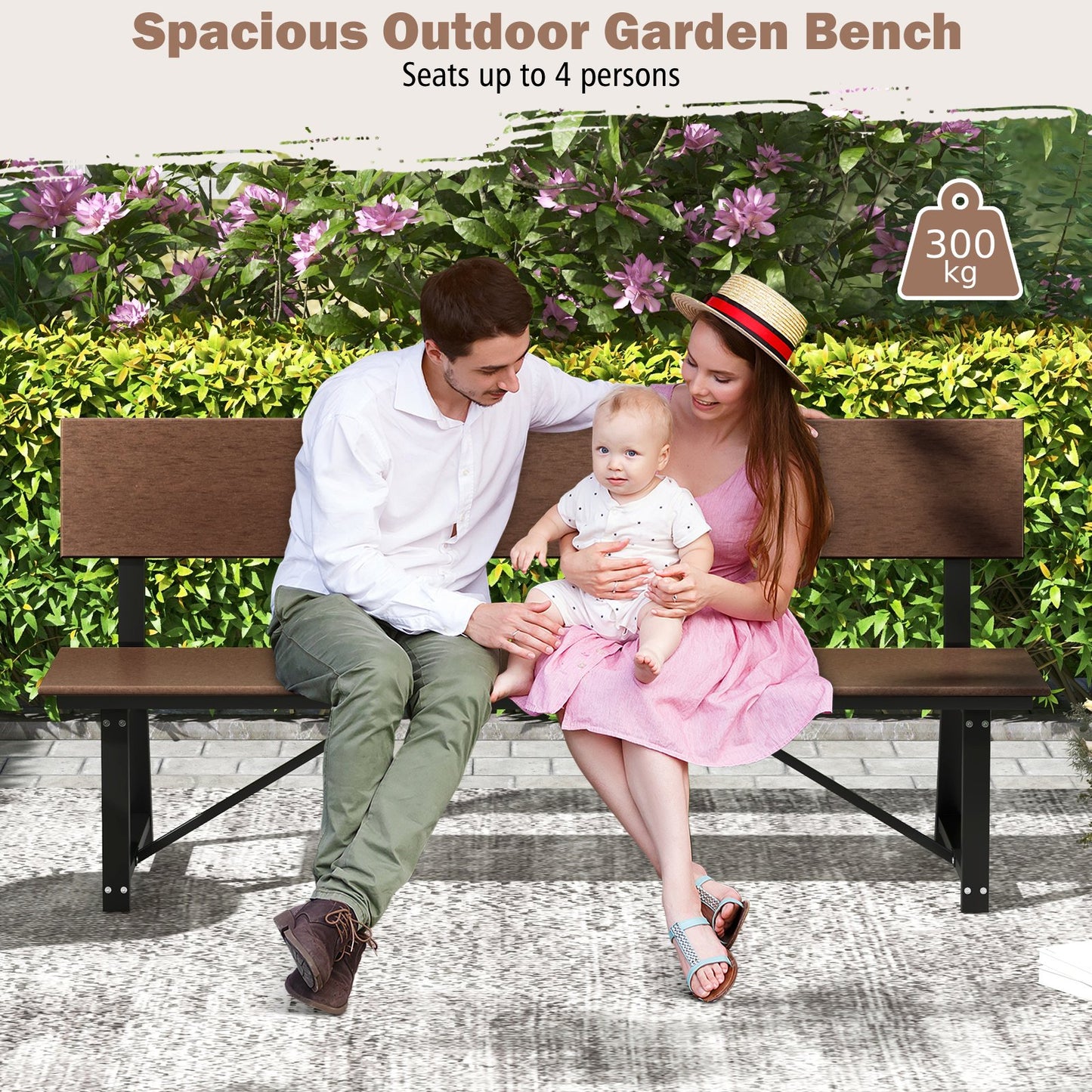 Outdoor Garden Bench with Weatherproof HDPE Backrest and Seat-Brown