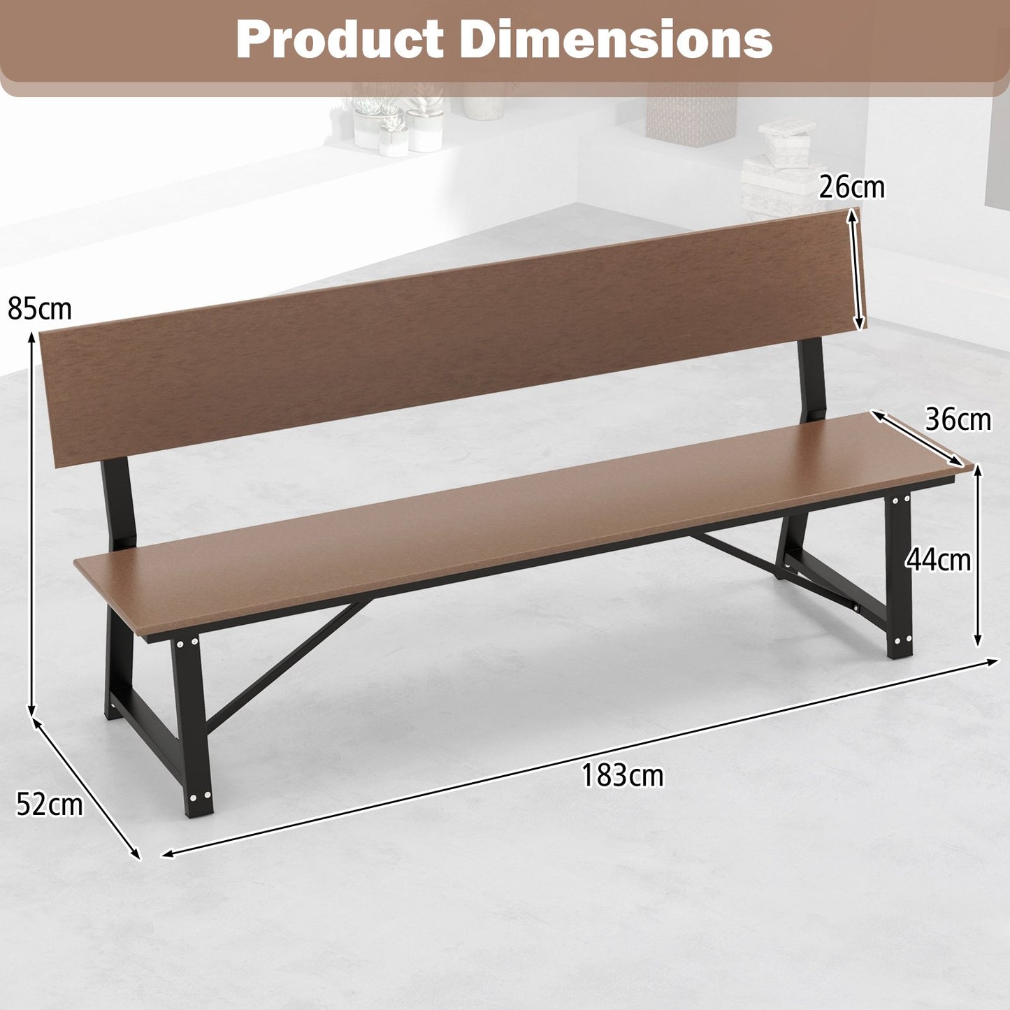 Outdoor Garden Bench with Weatherproof HDPE Backrest and Seat-Brown