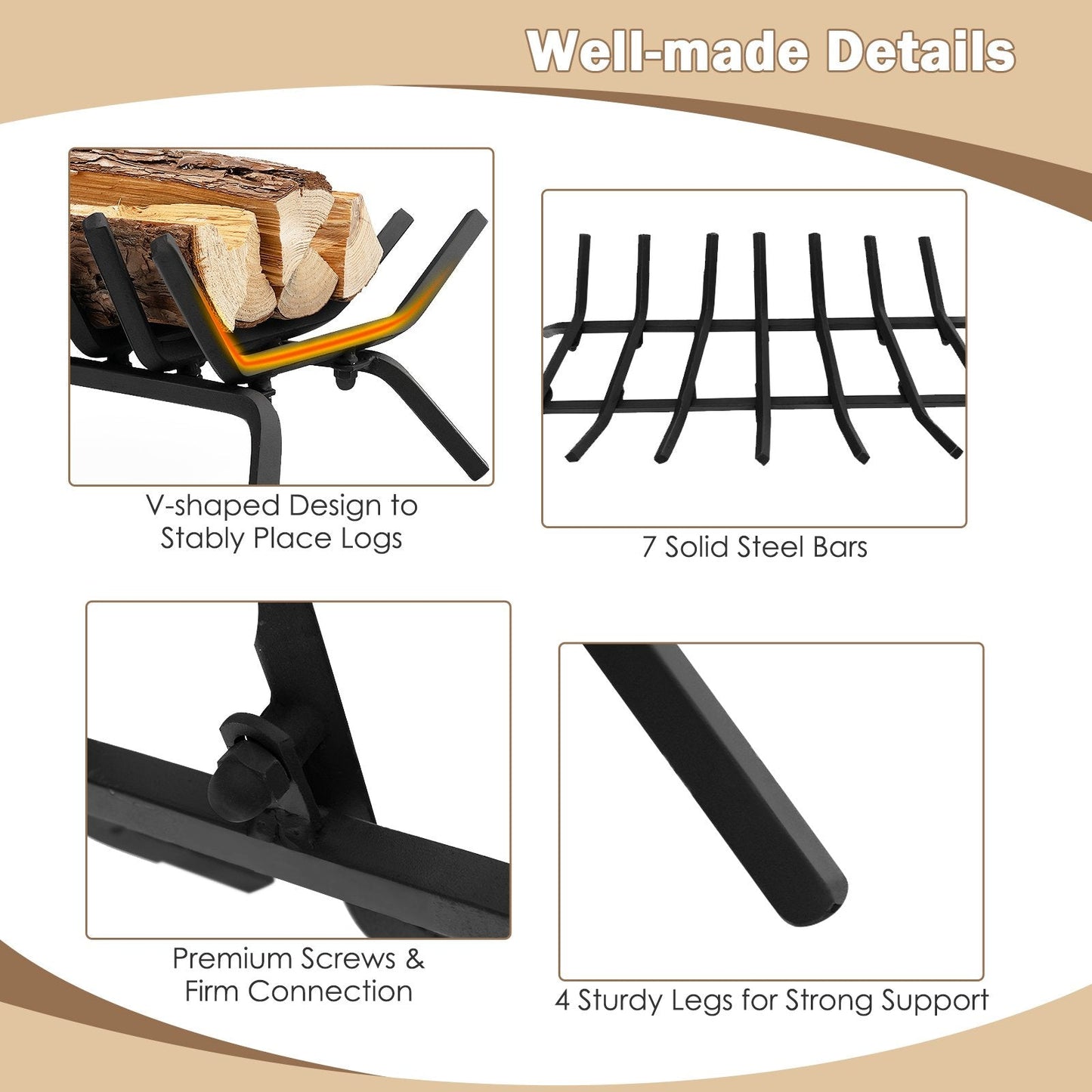 Outdoor Grill Fireplace Log Grate Holder with 7 Steel Bars-S