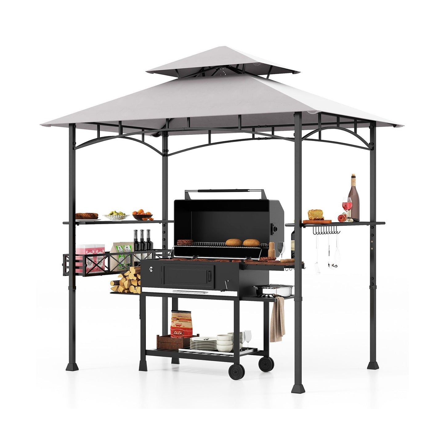 Outdoor Grill Gazebo Double Tiered BBQ Canopy Tent with 2 Side Shelves-Grey