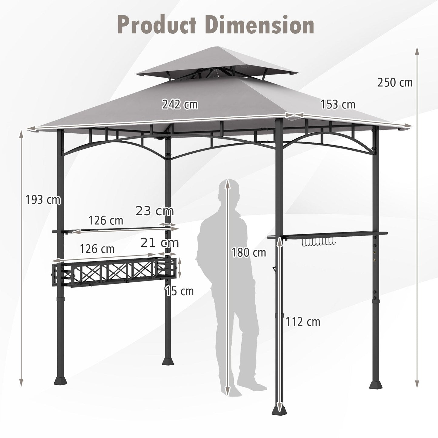 Outdoor Grill Gazebo Double Tiered BBQ Canopy Tent with 2 Side Shelves-Grey