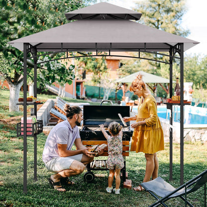 Outdoor Grill Gazebo Double Tiered BBQ Canopy Tent with 2 Side Shelves-Grey
