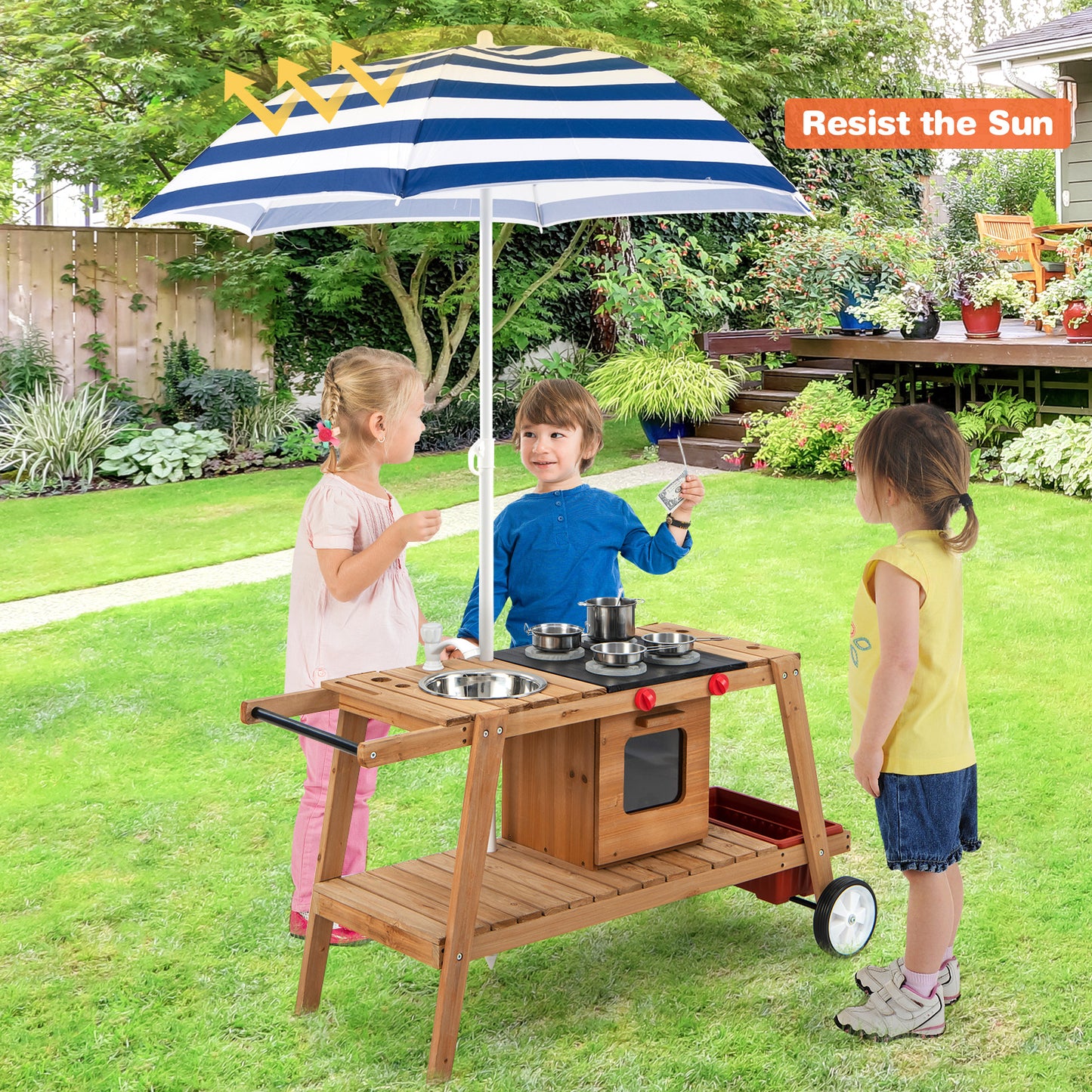 Wooden Kids Play Trolley with Umbrella and Storage Cabinet-Blue