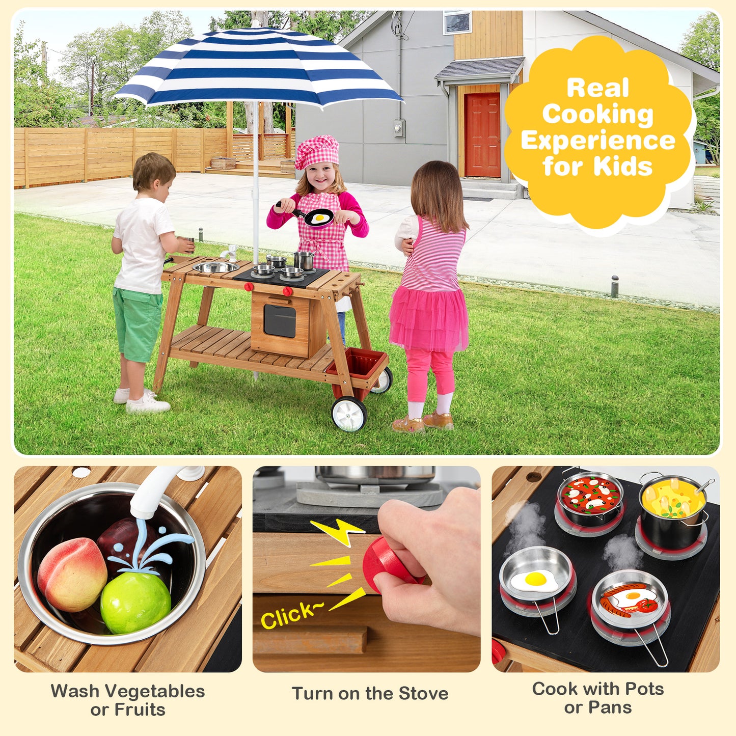Wooden Kids Play Trolley with Umbrella and Storage Cabinet-Blue