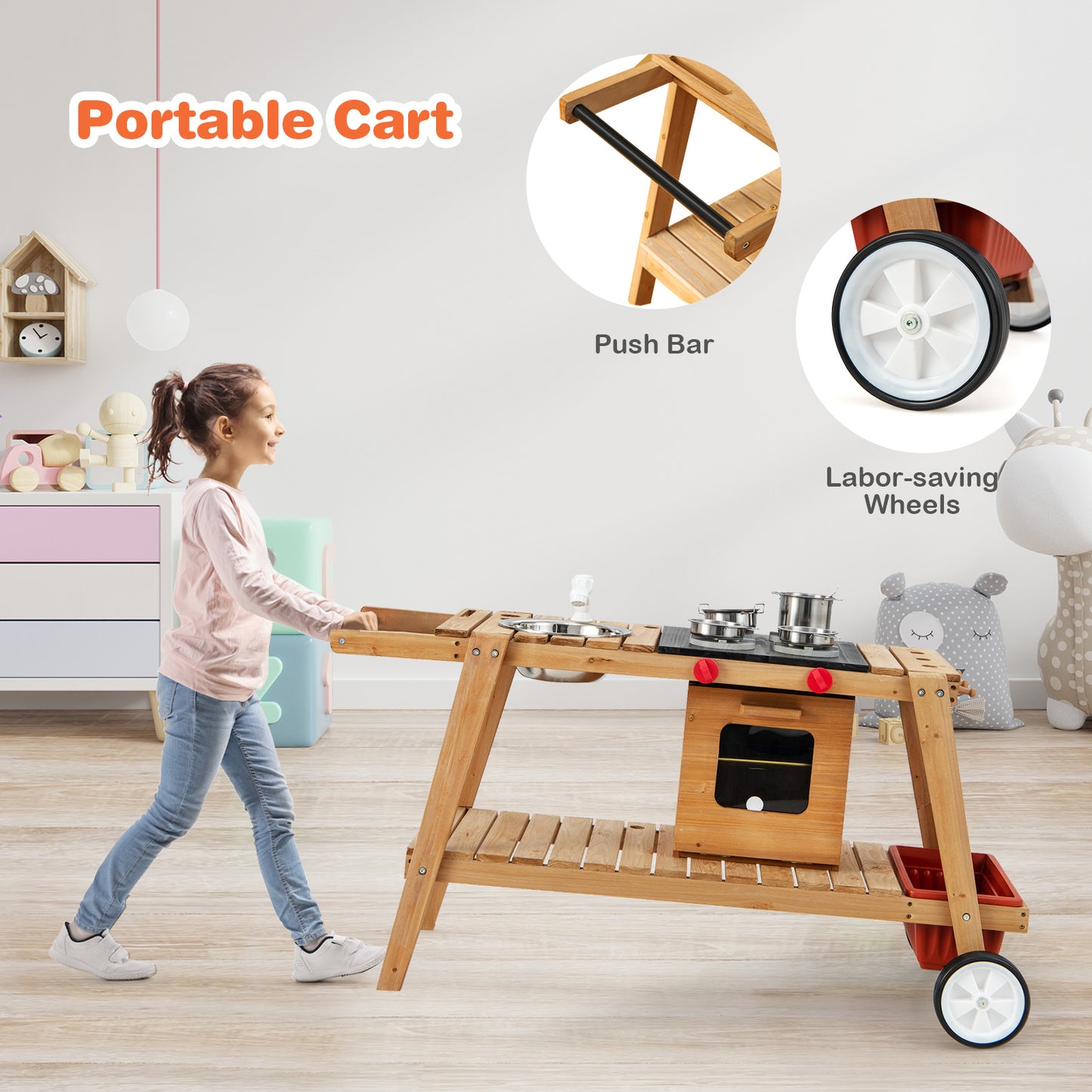 Wooden Kids Play Trolley with Umbrella and Storage Cabinet-Blue