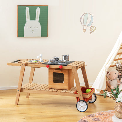 Wooden Kids Play Trolley with Umbrella and Storage Cabinet-Blue