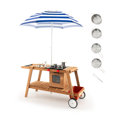Wooden Kids Play Trolley with Umbrella and Storage Cabinet-Blue