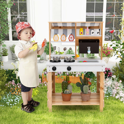 Outdoor Double-Sided Mud Kitchen for Kids-Natural & White