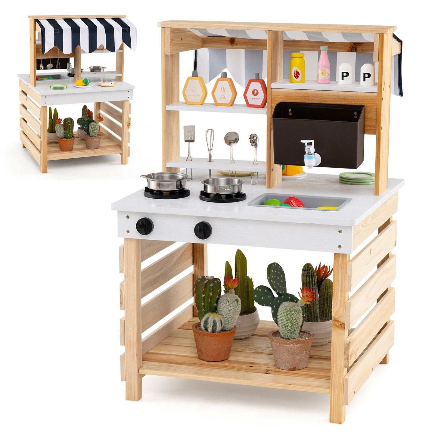 Outdoor Double-Sided Mud Kitchen for Kids-Natural & White