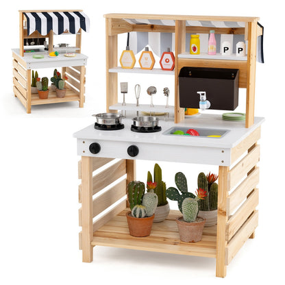 Outdoor Double-Sided Mud Kitchen for Kids-Natural & White