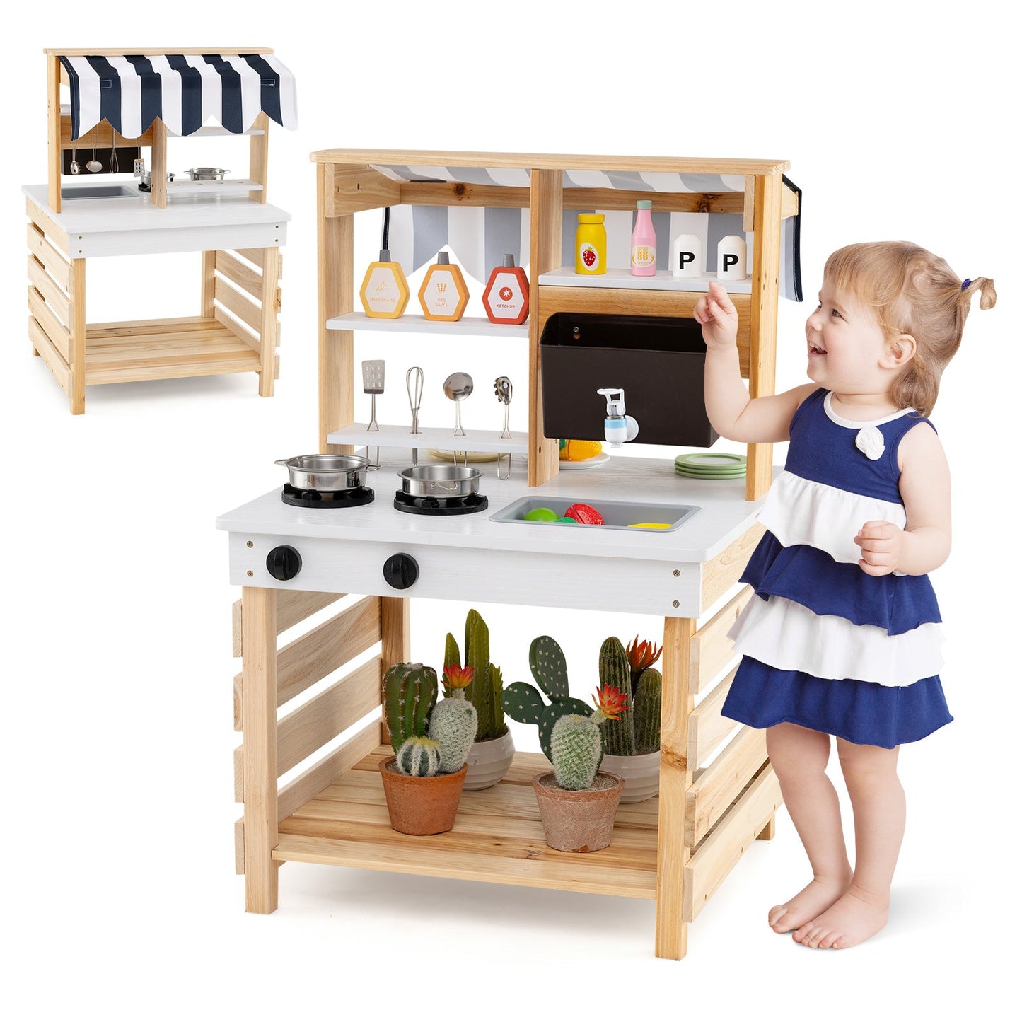 Outdoor Double-Sided Mud Kitchen for Kids-Natural & White