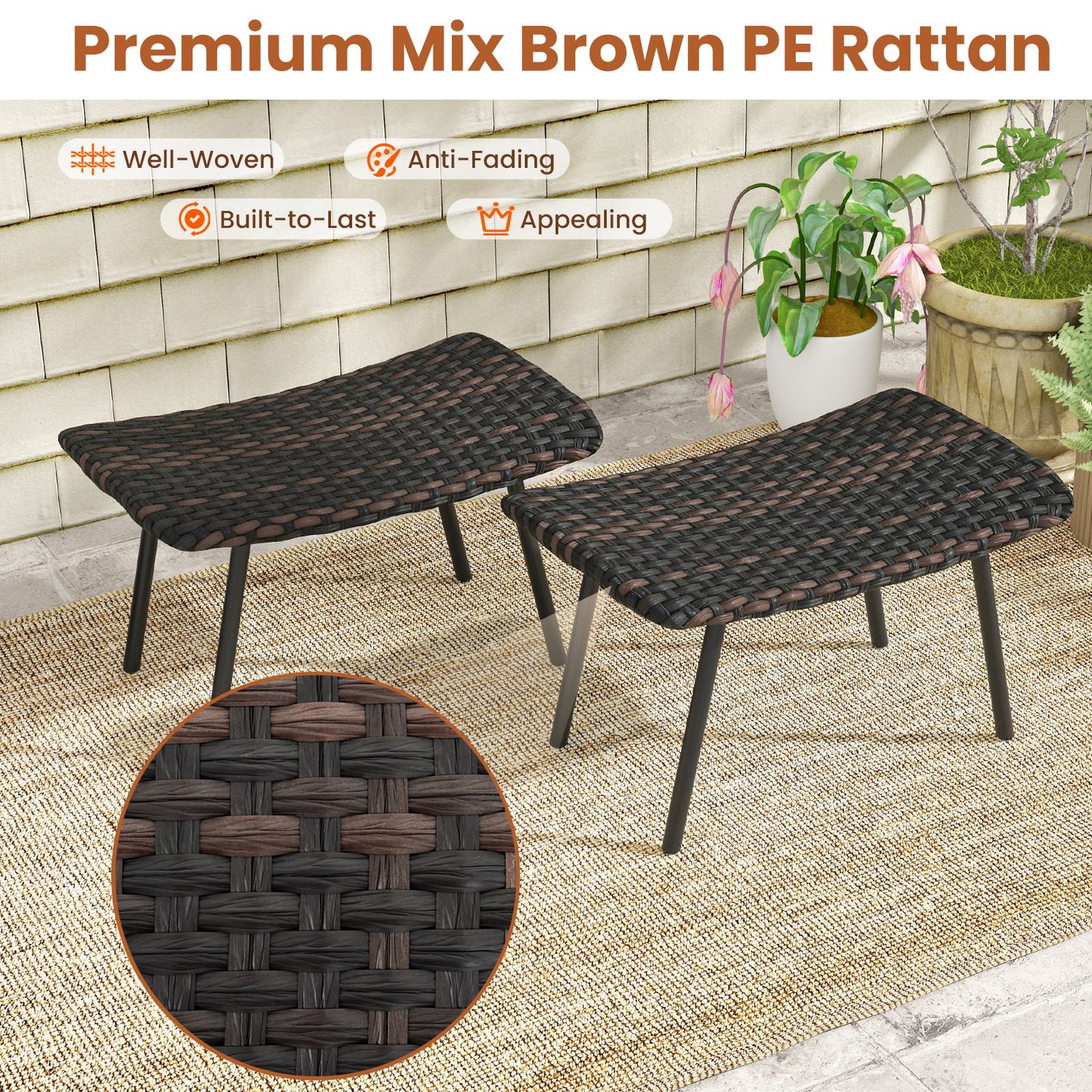 Outdoor Ottomans Set of 2 with Quick Dry Foam and Heavy Duty Metal Frame-Brown