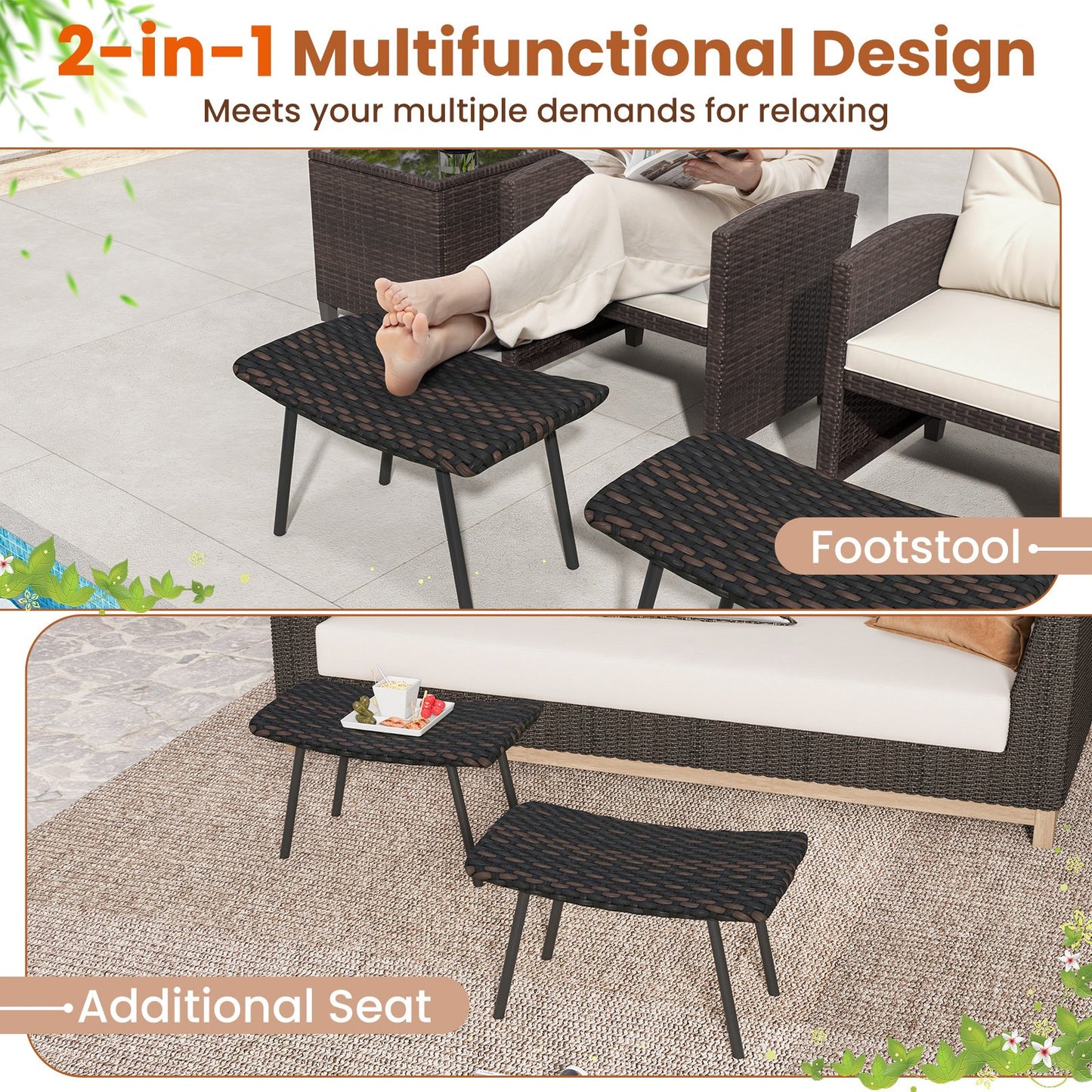 Outdoor Ottomans Set of 2 with Quick Dry Foam and Heavy Duty Metal Frame-Brown