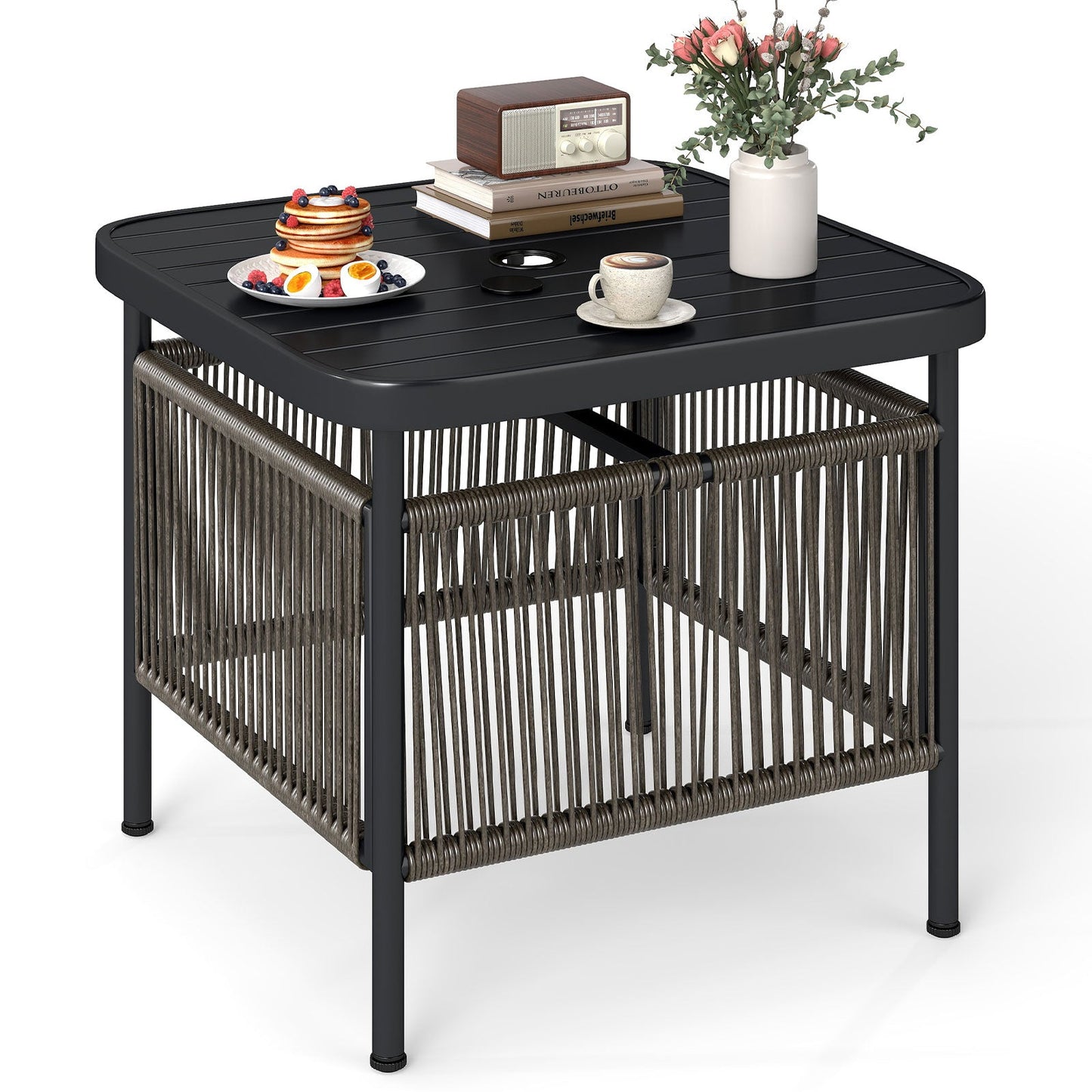 Outdoor PE Rattan Side Table with 5CM Umbrella Hole