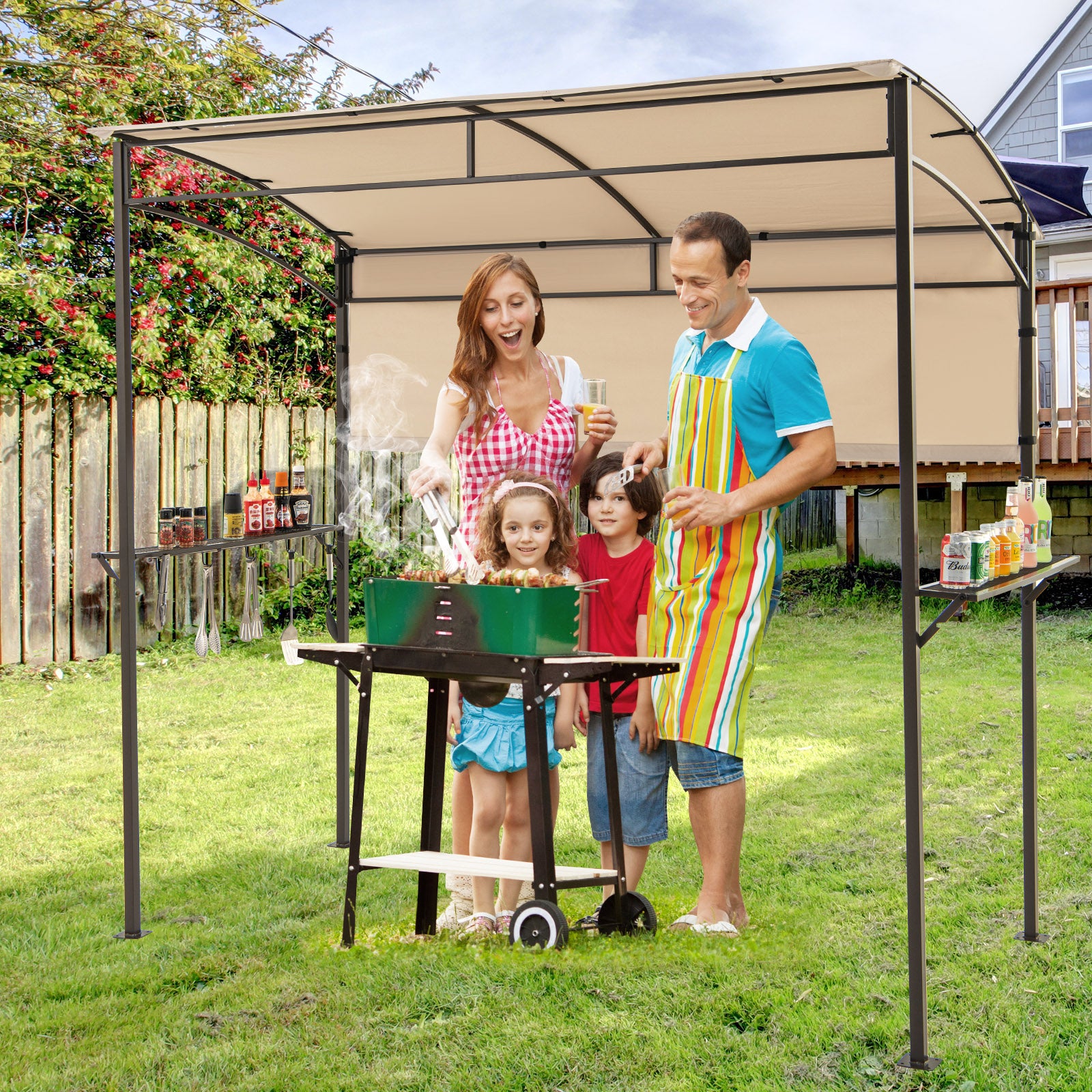 Outdoor Patio BBQ Canopy with Metal Shelves and Hooks-Beige