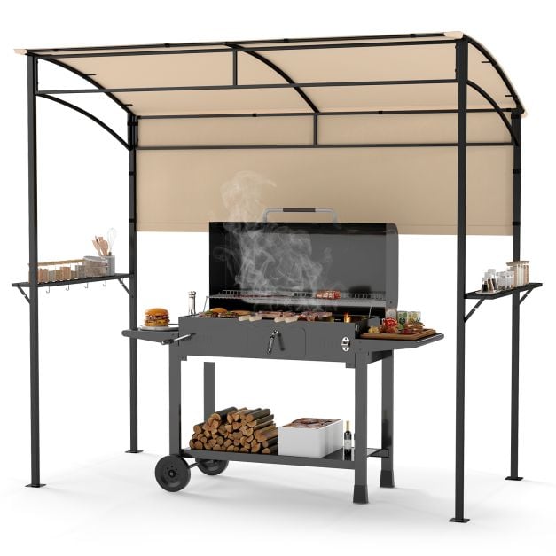 Outdoor Patio BBQ Canopy with Metal Shelves and Hooks-Beige