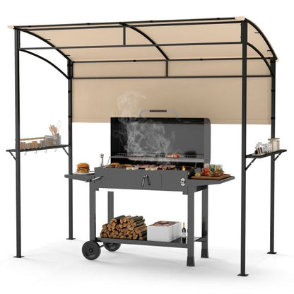 Outdoor Patio BBQ Canopy with Metal Shelves and Hooks-Beige