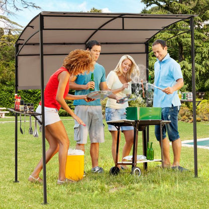 Outdoor Patio BBQ Canopy with Metal Shelves and Hooks-Brown