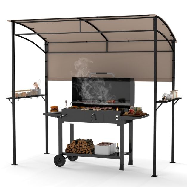 Outdoor Patio BBQ Canopy with Metal Shelves and Hooks-Brown