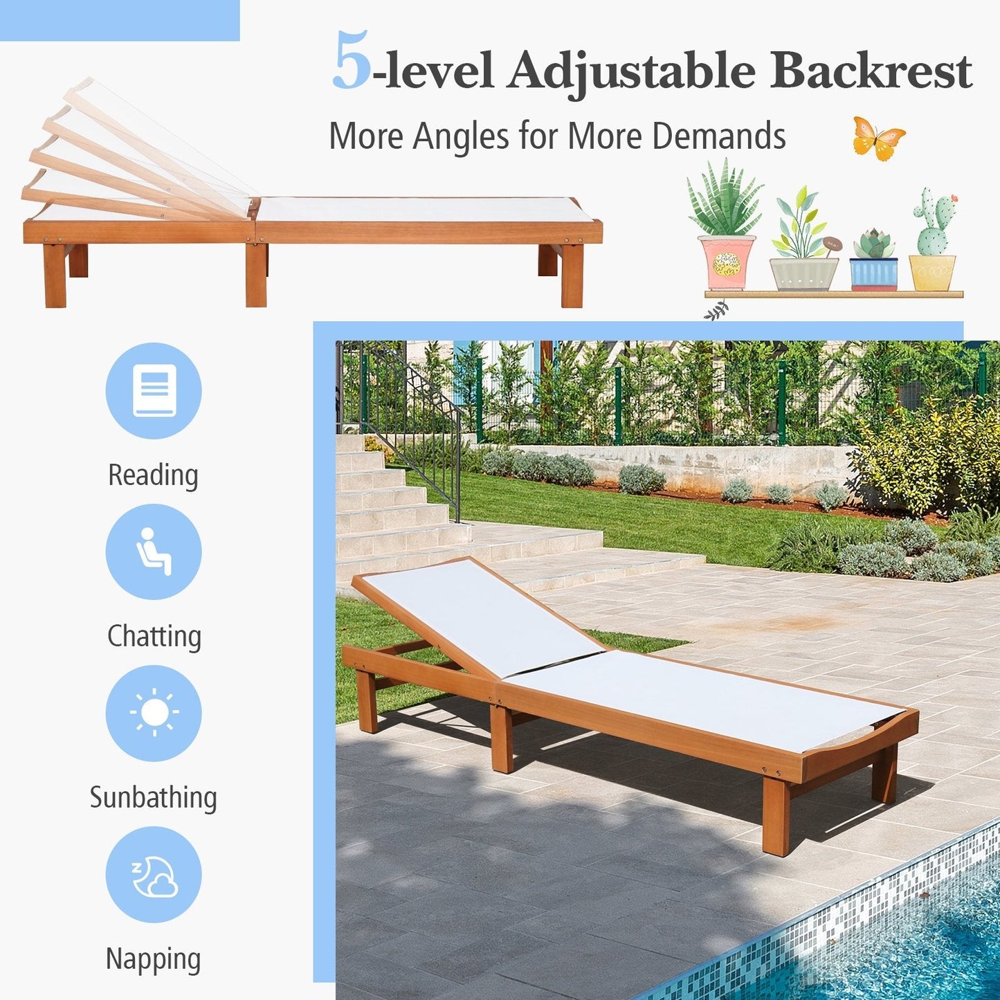 Outdoor Patio Fabric Chaise Lounge Chair 5-Position Recliner