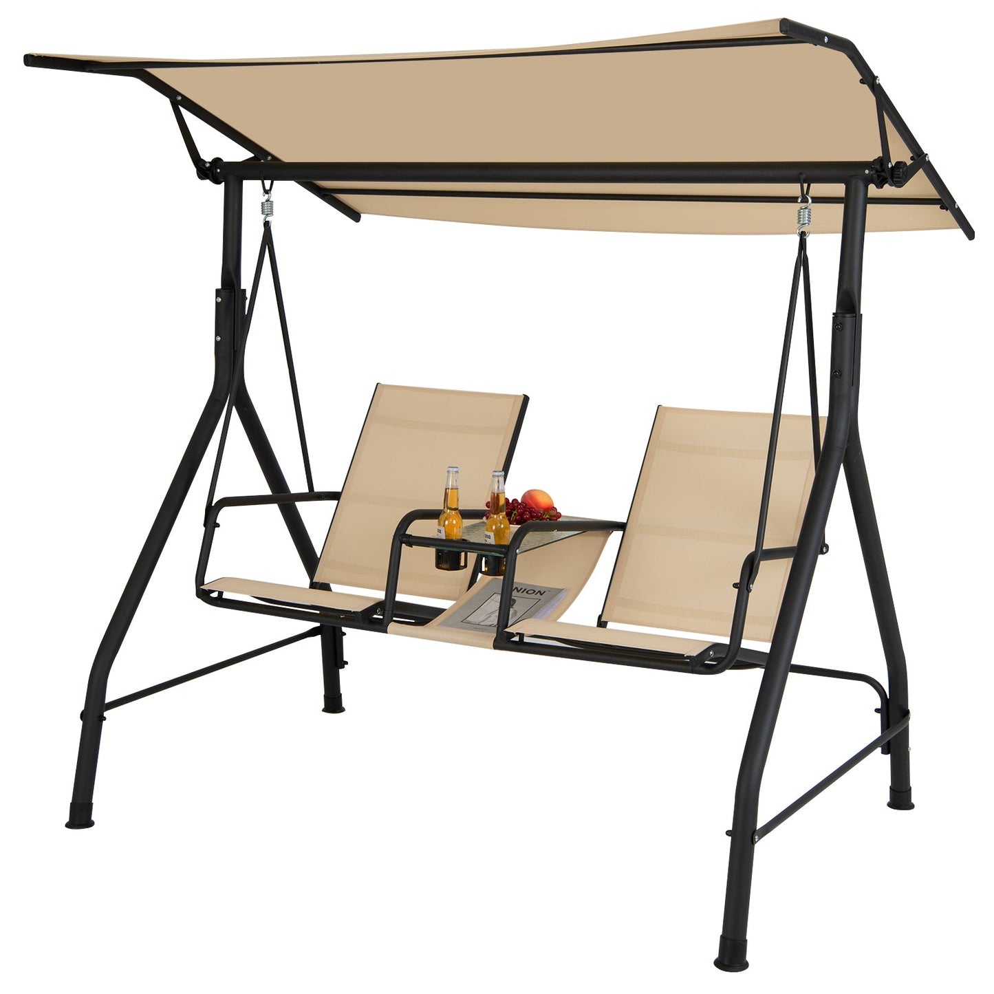 2 Person Outdoor Patio Swing with Adjustable Canopy for Garden Porch Backyard-Beige