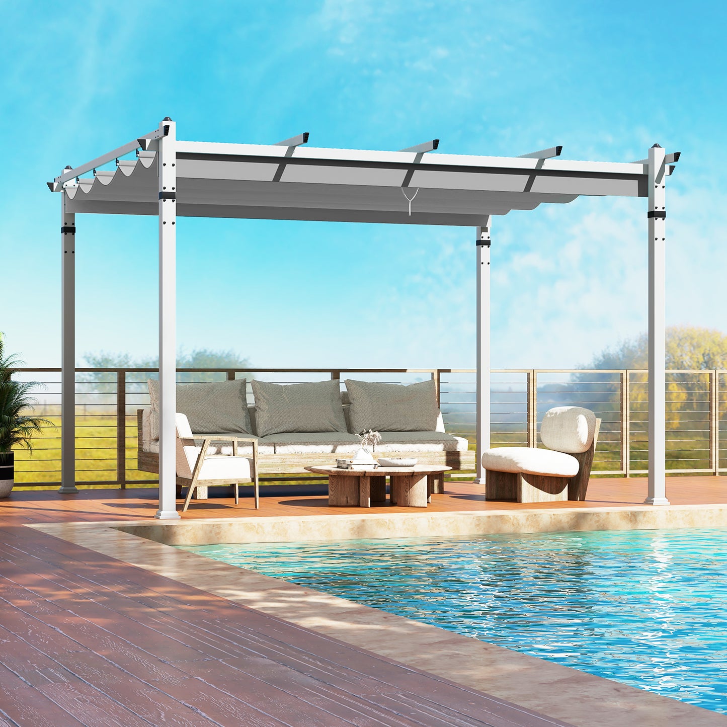 Outdoor Pergola with Retractable Canopy Aluminum Frame Anchors-Grey