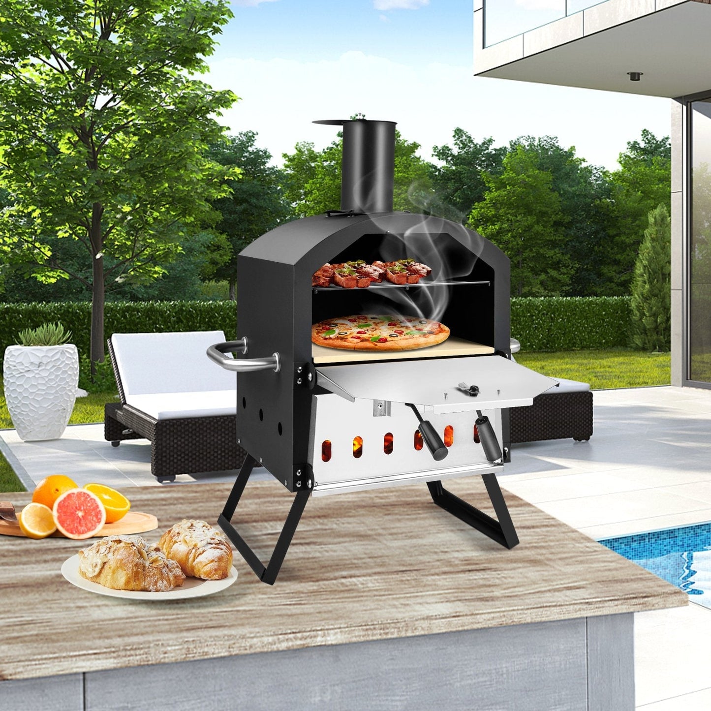 Outdoor Pizza Oven with Waterproof Cover and Anti-scalding Handles-Black