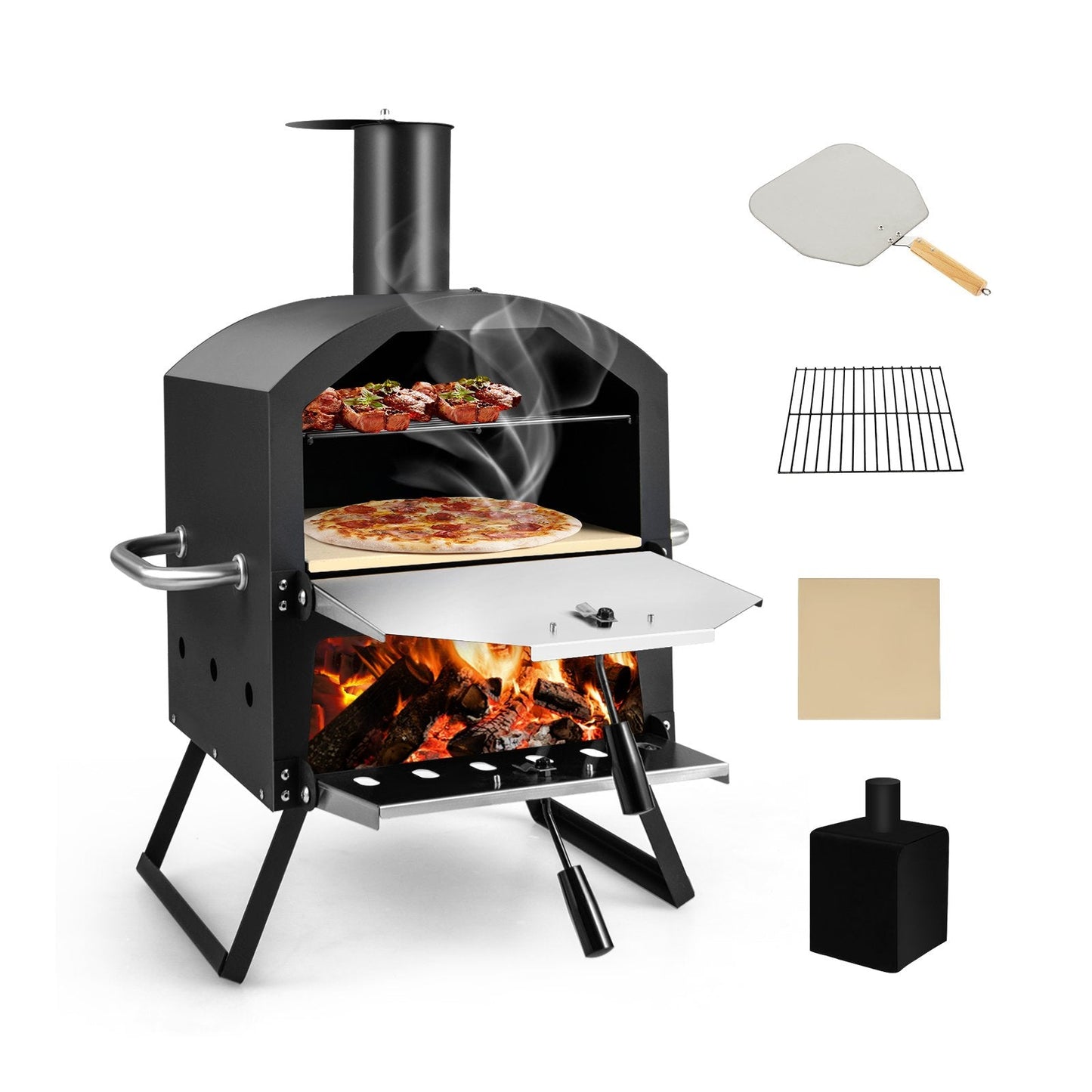 Outdoor Pizza Oven with Waterproof Cover and Anti-scalding Handles-Black