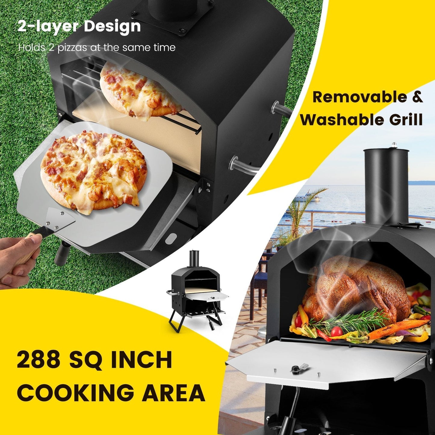 Outdoor Pizza Oven with Waterproof Cover and Anti-scalding Handles-Black