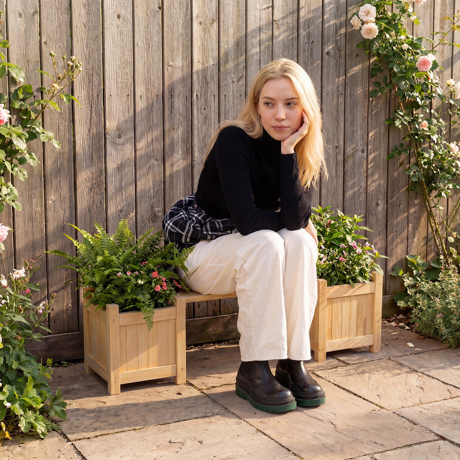 3-in-1 Outdoor Planter Box with Bench 2-Person Outdoor Bench-Natural