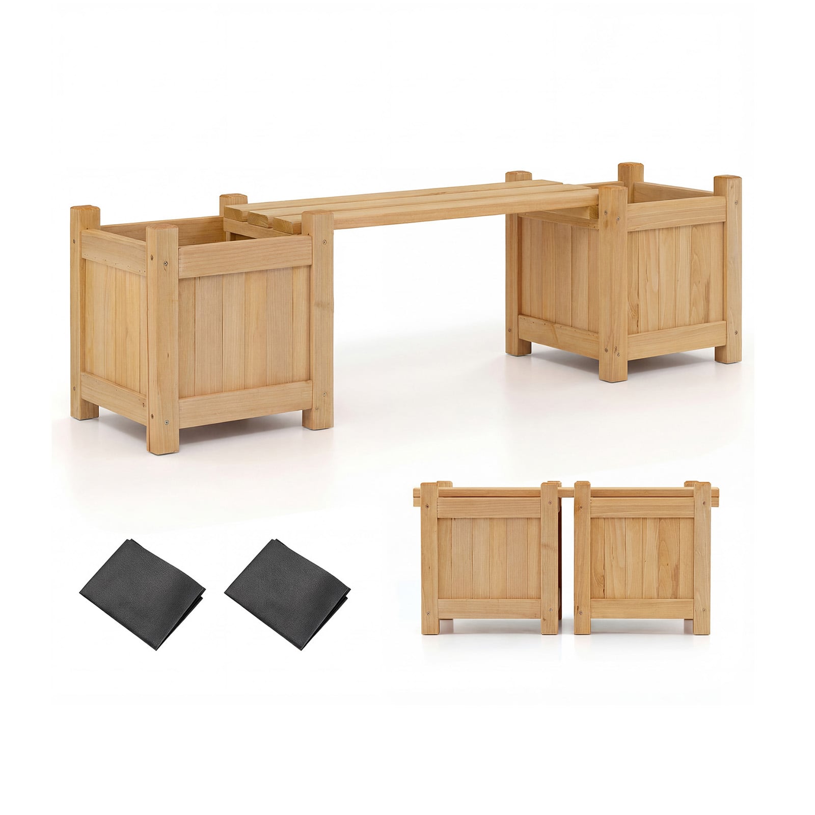 3-in-1 Outdoor Planter Box with Bench 2-Person Outdoor Bench-Natural