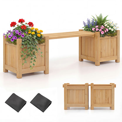 3-in-1 Outdoor Planter Box with Bench 2-Person Outdoor Bench-Natural