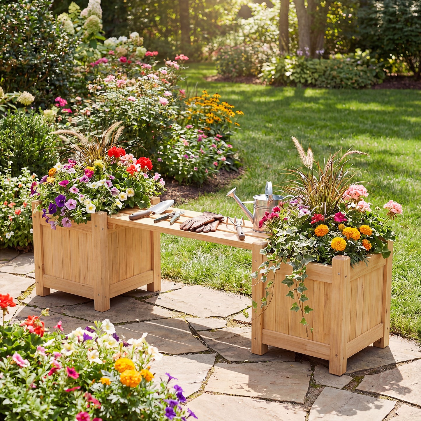 3-in-1 Outdoor Planter Box with Bench 2-Person Outdoor Bench-Natural