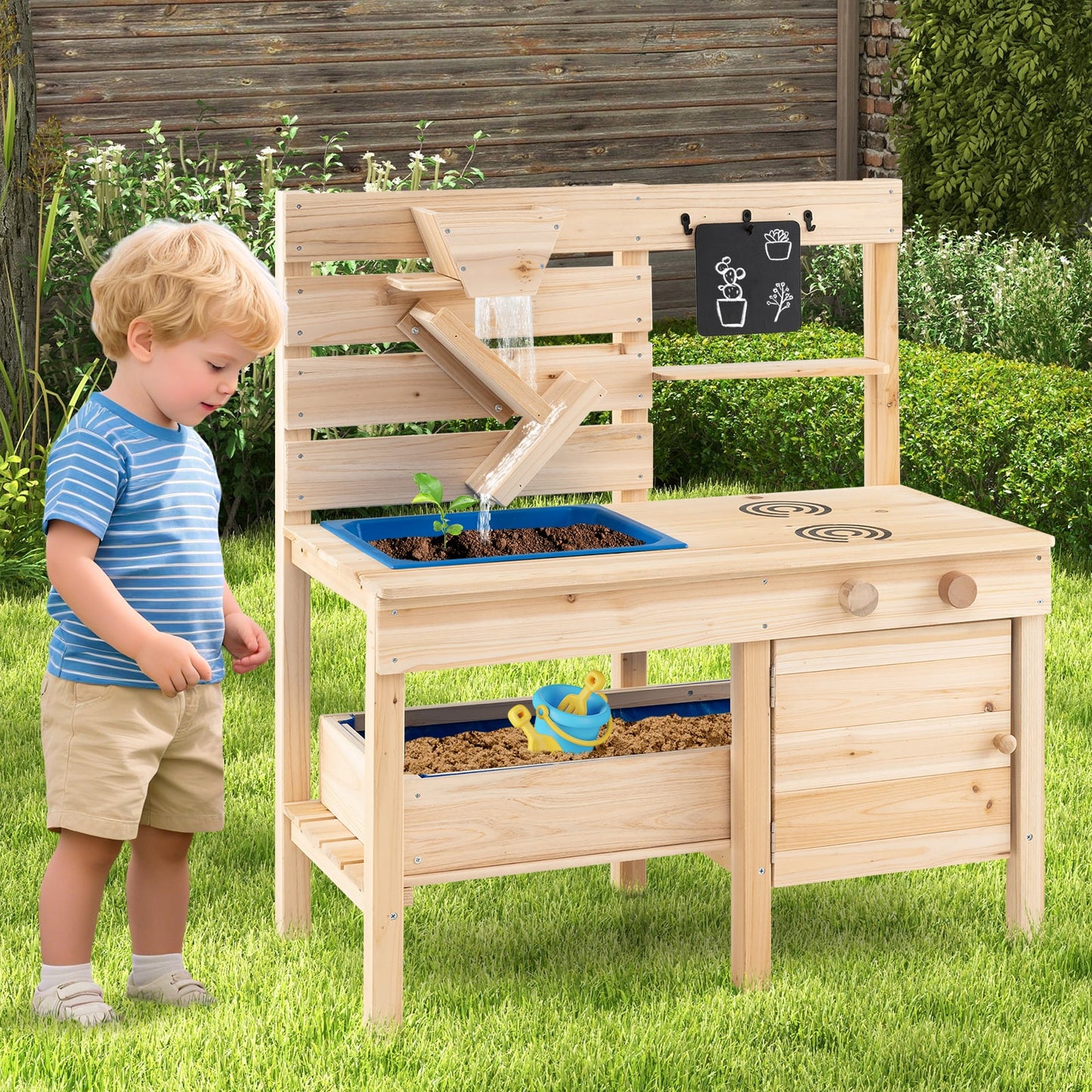 Outdoor Play Kitchen with Detachable Sandbox and Storage Shelf for Aged 3-8-Natural
