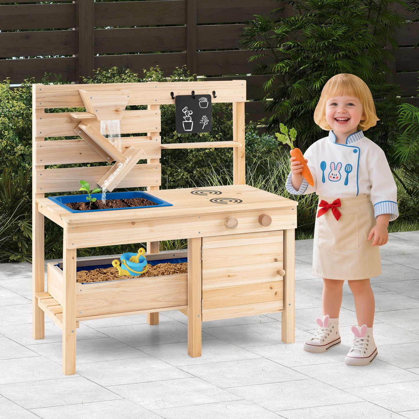 Outdoor Play Kitchen with Detachable Sandbox and Storage Shelf for Aged 3-8-Natural