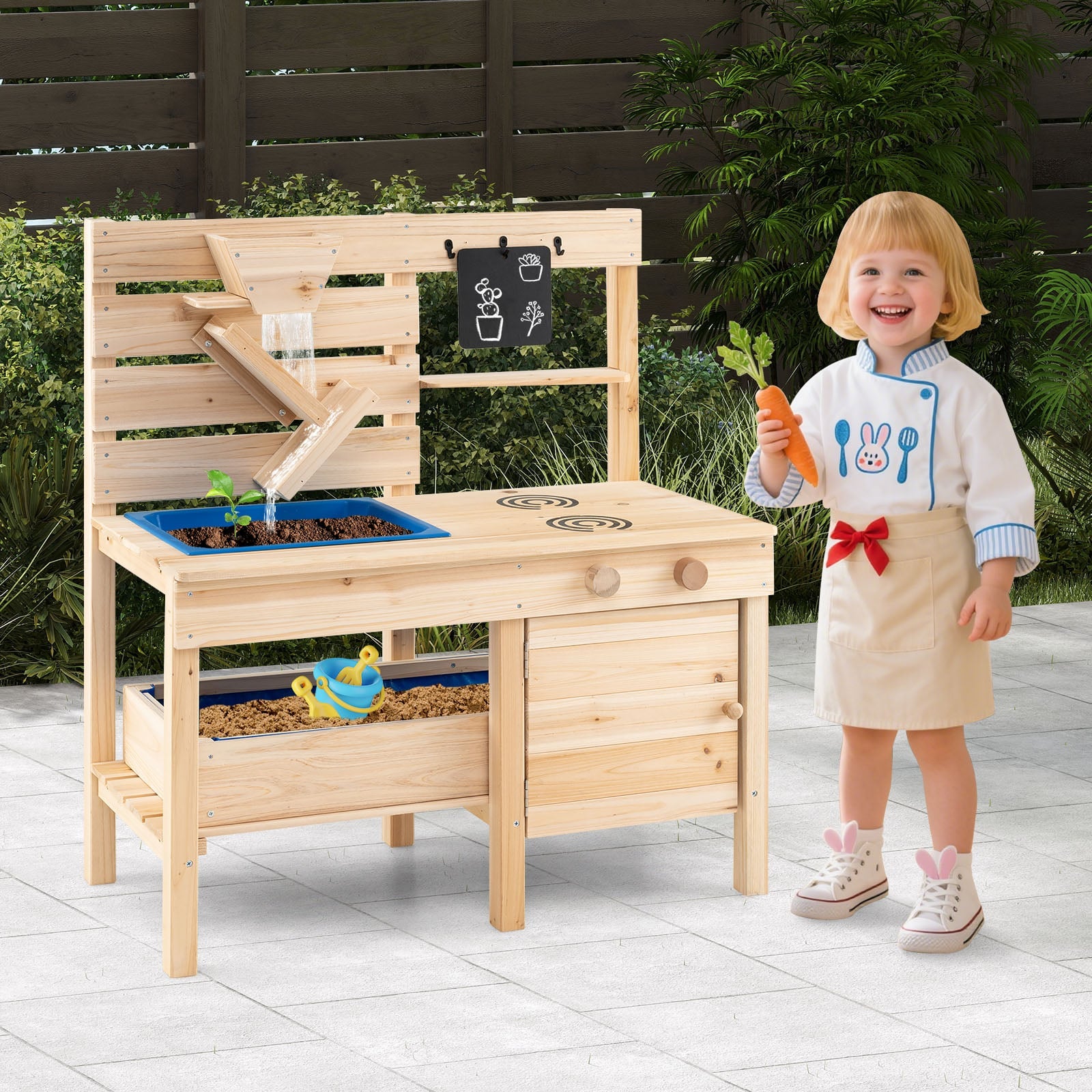 Outdoor Play Kitchen with Detachable Sandbox and Storage Shelf for Aged 3-8-Natural