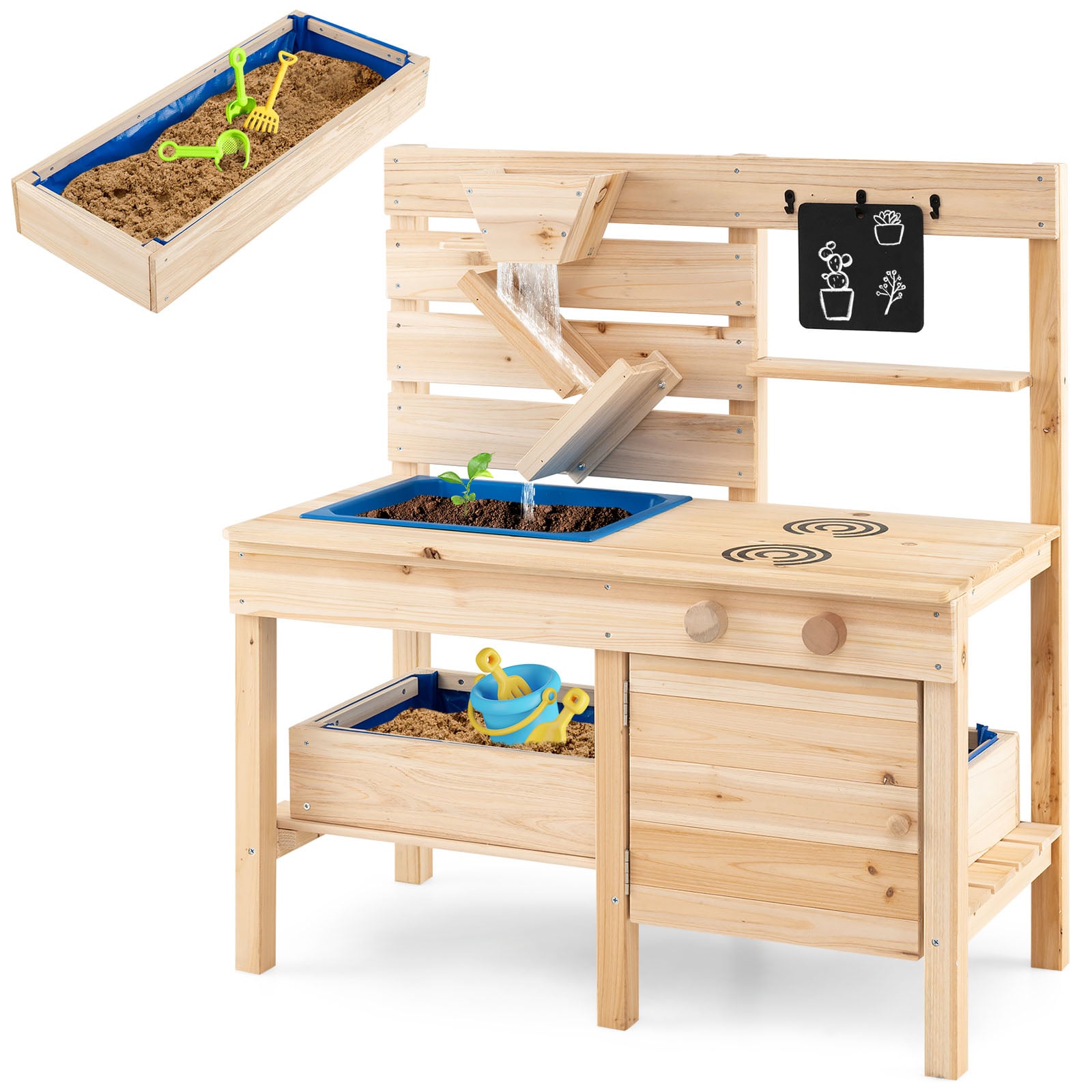 Outdoor Play Kitchen with Detachable Sandbox and Storage Shelf for Aged 3-8-Natural
