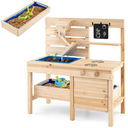 Outdoor Play Kitchen with Detachable Sandbox and Storage Shelf for Aged 3-8-Natural