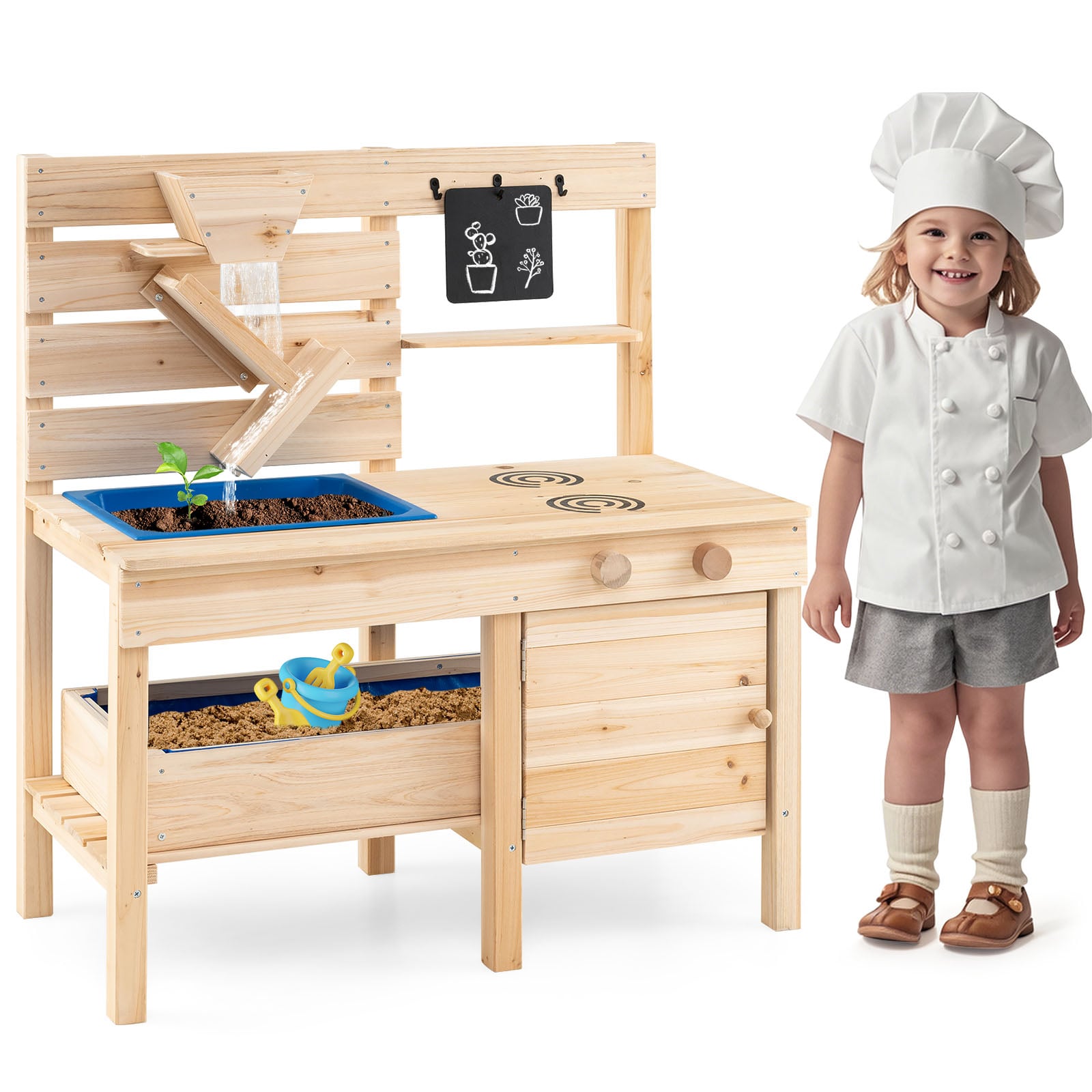 Outdoor Play Kitchen with Detachable Sandbox and Storage Shelf for Aged 3-8-Natural