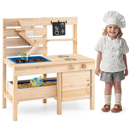 Outdoor Play Kitchen with Detachable Sandbox and Storage Shelf for Aged 3-8-Natural
