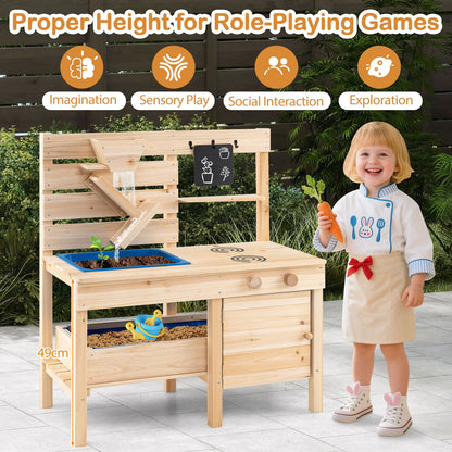 Outdoor Play Kitchen with Detachable Sandbox and Storage Shelf for Aged 3-8-Natural