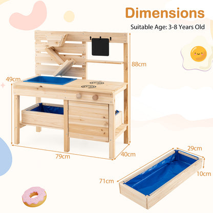 Outdoor Play Kitchen with Detachable Sandbox and Storage Shelf for Aged 3-8-Natural